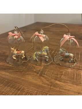 Hand Painted Set of 3 Vintage Porcelain Bisque Crystal Carrousel Bells Ornament